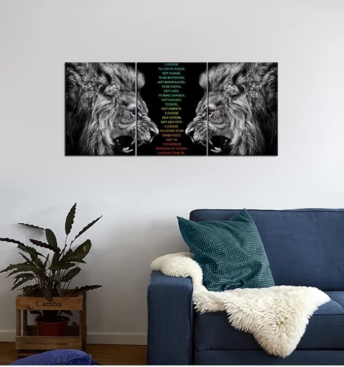 Inspirational 3 Pieces Lion Poster for Office Motivational Wall Art I Choose Canvas Prints Artwork for Living Room Modern Home Decor Painting Pictures Stretched and Framed Ready to Hang [36''Wx 16''H]