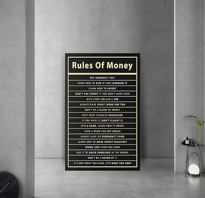 Rules Of Money Motivational Wall Art Canvas Print Office Decor Financial Poster Entrepreneur Millionaire Inspirational Quote Framed Easy to Hang-28 inch x 44 inch