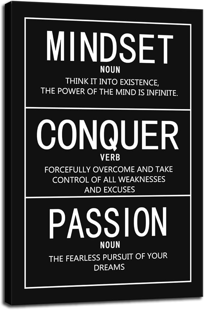 Inspirational Canvas Wall Art Mindset Noun Conquer Verb Passion Noun Picture Poster Wooden Artwork Motivational Entrepreneur Quote Painting for Office Bedroom Decor Framed [24" W x 36" H]