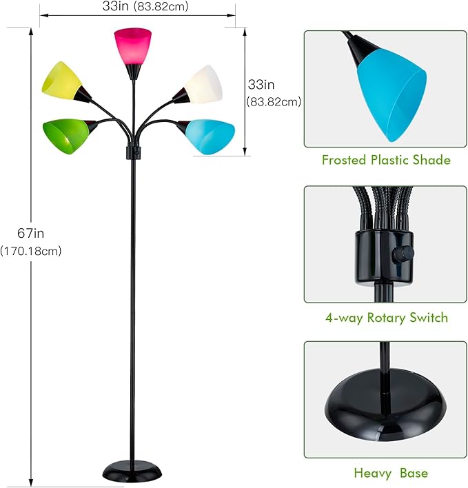 Medusa Modern Decor Floor Lamp, Multi Head Adjustable Gooseneck Bright Light Lamps for Reading, Colorful Tall Standing Tree Floor Lamps for Living Room Bedroom Office Kids Classroom, Black