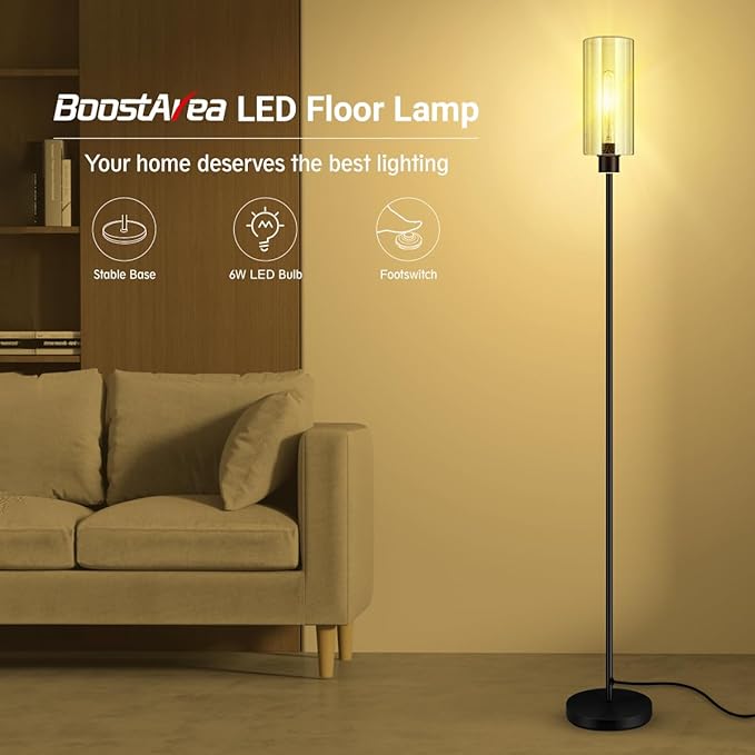 BoostArea Modern Standing Floor Lamp with Seeded Glass Shade, Simple Design, Tall, for Bedroom, Office, Kids Room, Reading