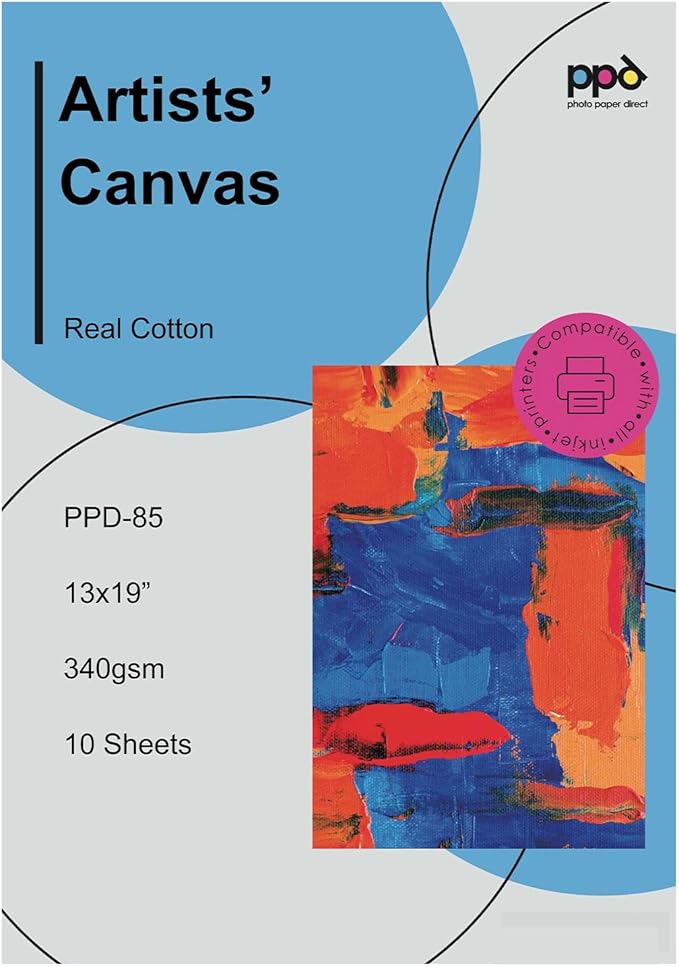 PPD Printable Fabric Sheets, Canvas Paper for Inkjet Printer, 13 x 19" Photo Fabric Printer Sheets, Print On 100% Real Cotton, Matte Finish, No Watermark, 340 gsm 125 lbs (10 Sheets)