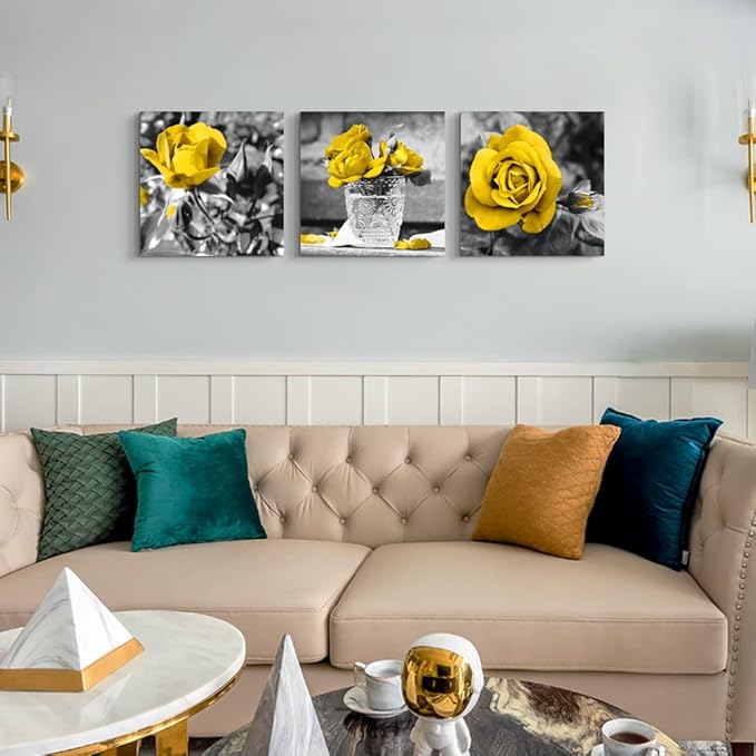 Canvas Wall Art - Bedroom, Kitchen, Living Room, Girls Room Decor - Black And White Wall Pictures - Yellow Rose Flowers - 3 Piece Set