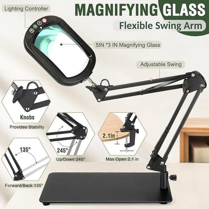 Veemagni 10X Magnifying Glass with Light and Stand, Rectangle Real Glass, 5 Color Modes Dimmable 2-in-1 LED Lighted Desk Lamp & Clamp, Hands Free Magnifier for Reading Craft Repair Painting Close Work