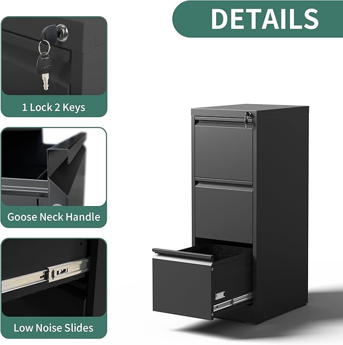 3 Drawer File Cabinet with Lock, Metal Vertical Filing Cabinets for Home Office, Steel Storage Cabinet for Hanging Legal/Letter Size Files, Assembly Required (Black)