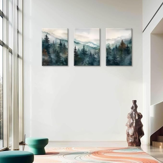 Bwodke Canvas Wall Art Mountain Framed Wall Art Set of 3 Boho Nature Landscape Picture Decor Pine Forest Prints Artwork Painting for Living Room Bedroom Office 12"x16"