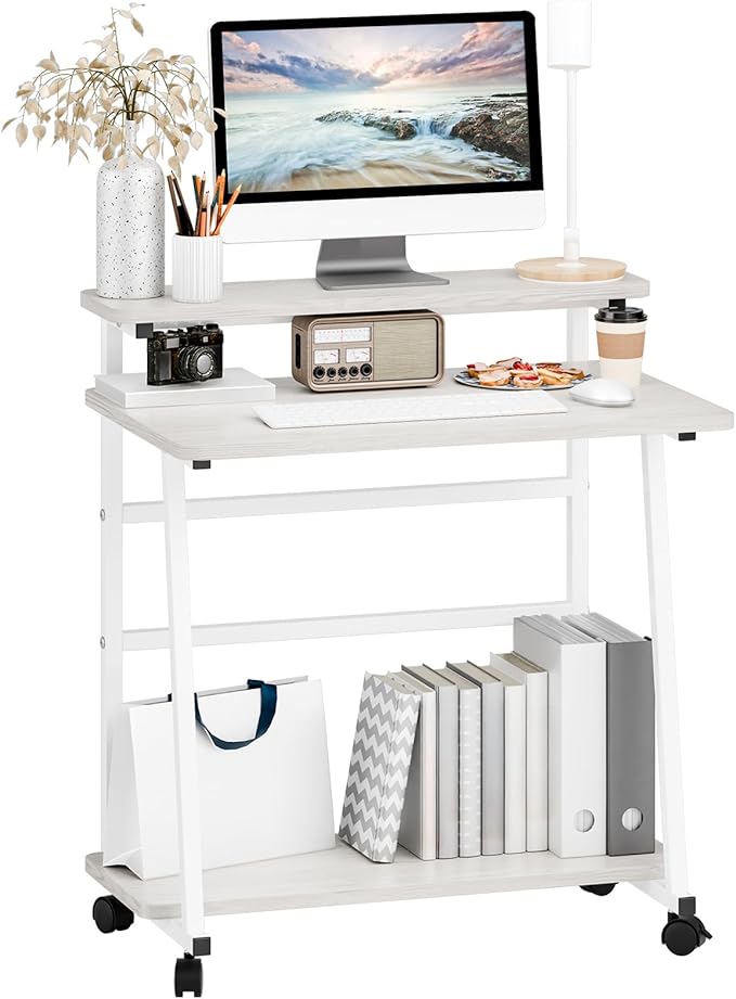3 Tiers Rolling Computer Desk on Wheels, 80x50cm Small Computer Desk for Small Space, Work Office Desks with Monitor Stand, Student Writing Desks with Lockable Wheels (White)