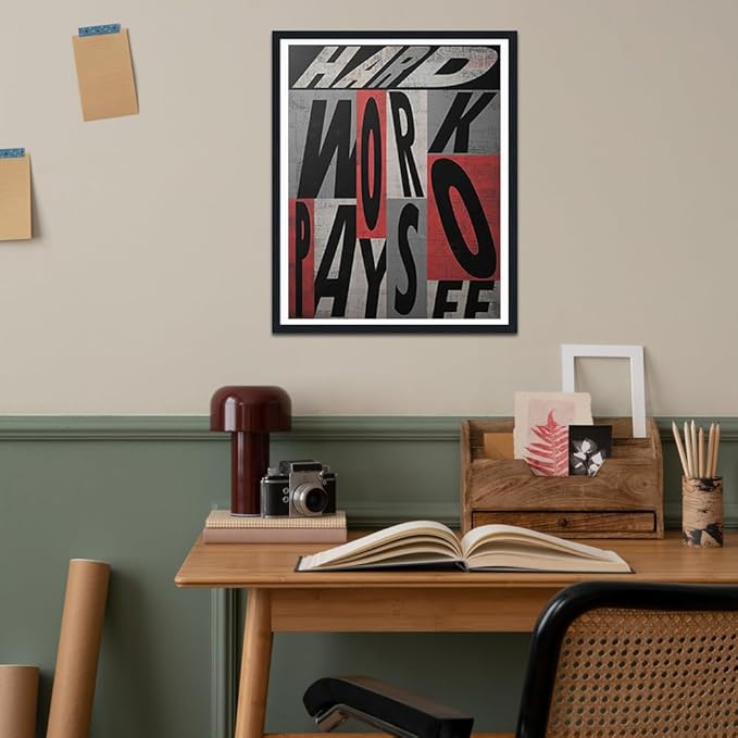 Hard Work Pays Off Framed Wall Art, Motivational Office Decor, Inspirational Quote Canvas Print,Modern Home Office Decor, Stretched Ready to Hang, 12.5x16.5 Inches