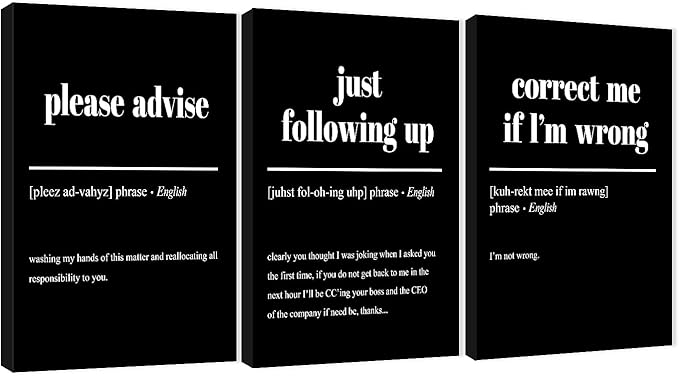 3 Piece Inspirational Canvas Wall Art, Quotes "Please Advise - Just Following up - Correct me if I'm Wrong" Motivational Print Pictures Office Decor, Framed Artwork for Home Wall Decor (36"Wx24" H)