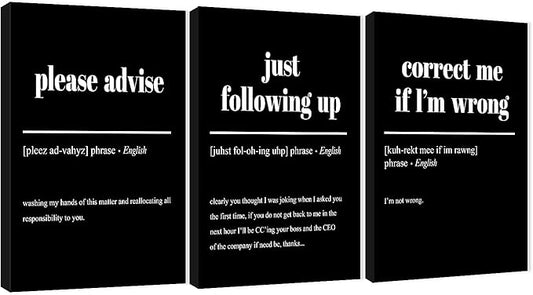3 Piece Inspirational Canvas Wall Art, Quotes "Please Advise - Just Following up - Correct me if I'm Wrong" Motivational Print Pictures Office Decor, Framed Artwork for Home Wall Decor (36"Wx24" H)