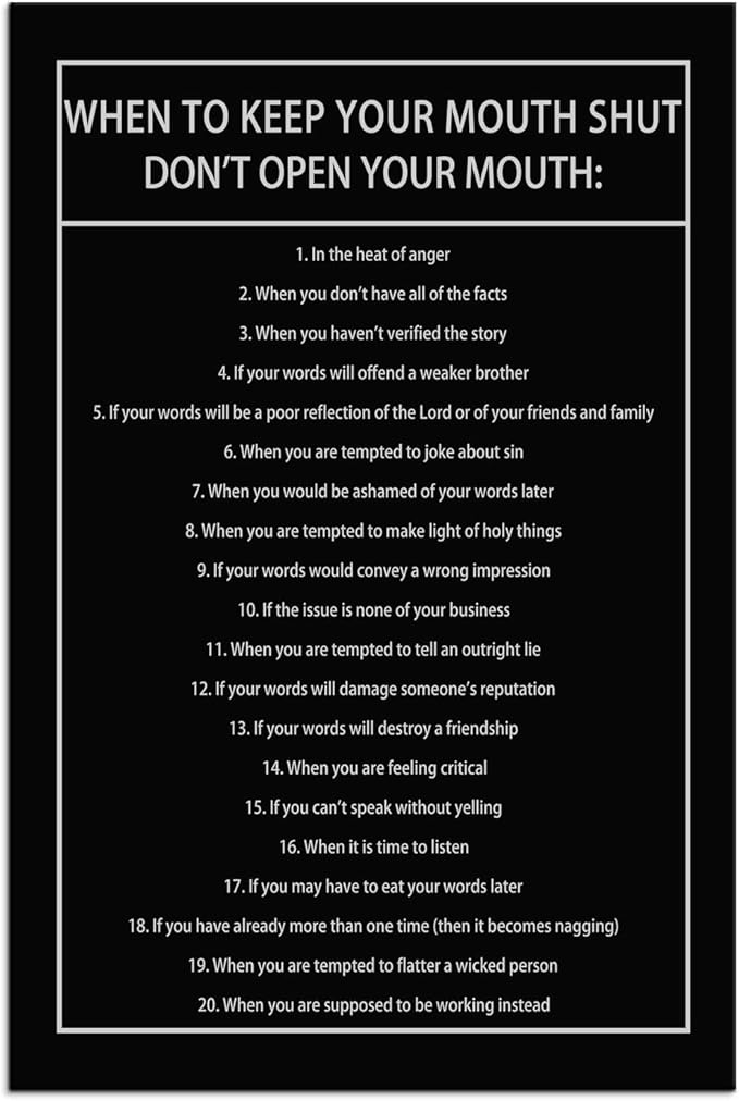 When to Keep Your Mouth Shut Don't Open Your Mouth Inspirational Canvas Wall Art Life Learning Poster Prints Artwork for Living Room Modern Home Decor Painting Stretched and Framed [12''Wx 18''H]