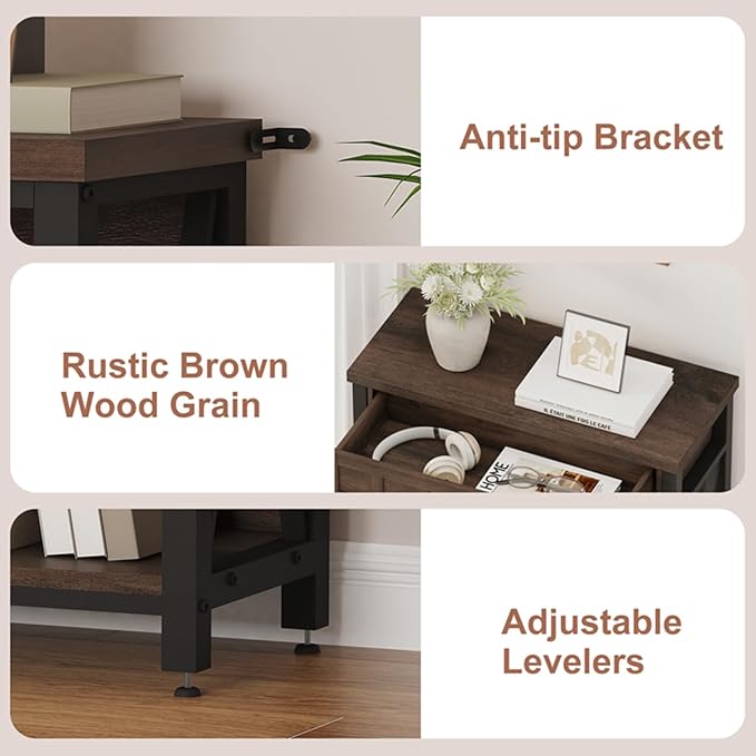 FATORRI Small Bookcase with Drawer, Industrial 3 Shelf Bookshelf, Wood and Metal Book Shelf, Short Book Shelves and Low Book case for Small Space (Rustic Brown)