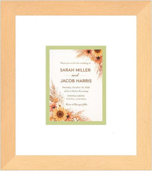 Poster Palooza Wedding Invitation Display Frame 10x11.25 in Natural With White and Spring Green Double Mat for 4.25x5.5 A2 Keepsake | USA Made