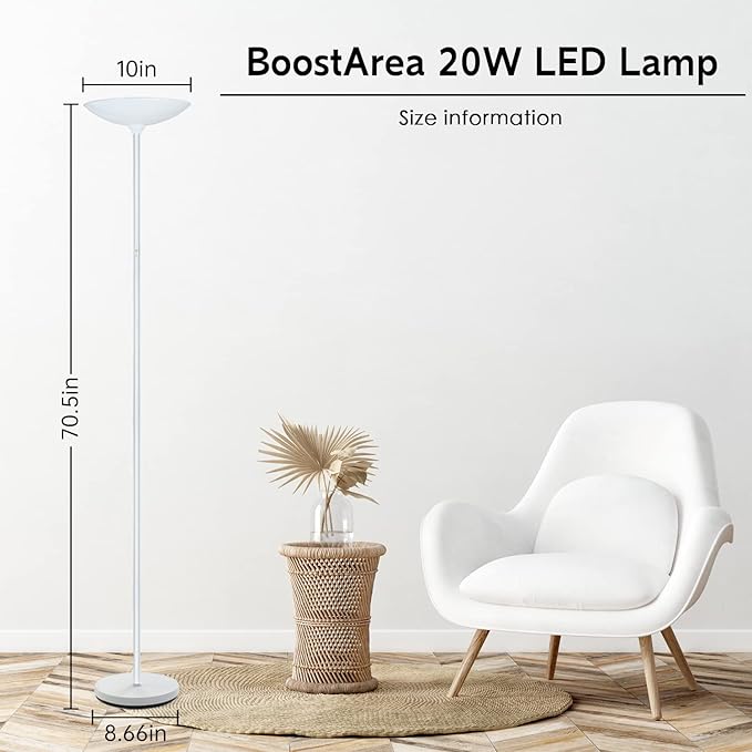 BoostArea Floor Lamp, 70.5‘’ Torchiere Standing Lamp, 20W 2000LM LED Halogen Floor Lamp,Stepless Dimmable, Touch Switch, Pole Sky Floor Lamps for Living Room, Standing Lamps for Bedroom, White