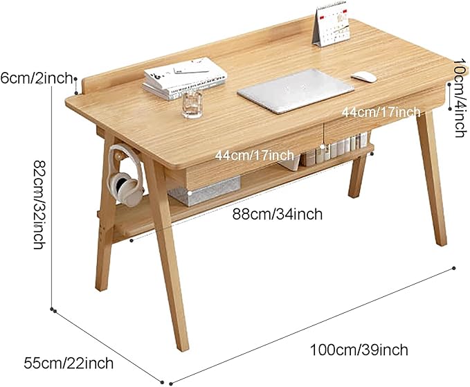Home Office Writing Desk with Drawers, Modern Wood Table with Storage Shelves & Hooks, Computer Workstation Study Desk Writing Table Simple Zero Assembly Without Chair(39inch/100cm, Natural)