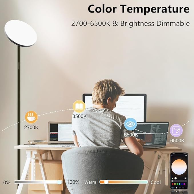 YHW Living Room Floor Lamp, Smart 2000LM Bright Floor LED Lamps, 16 Million RGB Dimmable Color Temperature Standing Tall Lamp with Remote Touch Button, Adjustable Angle Floor Lamp for Bedroom Office.