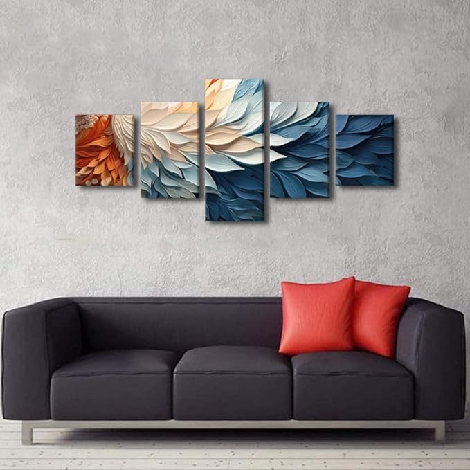 Canvas Wall Art for Bedroom Modern 5 Panel Colorful Abstract Wall Art Blue White Orange Feather Leaf Poster Printing for Men Lady Living Room Home Wall Decor Stretched Ready to Hang 50x24 in