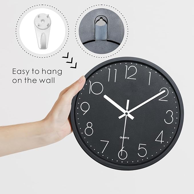 Plumeet Wall Clock, 12'' Bedroom Wall Clocks Battery Operated, Silent Quartz Clock Decorate Kitchen Living Room, 3D Numbers Display Easy to Read, Black