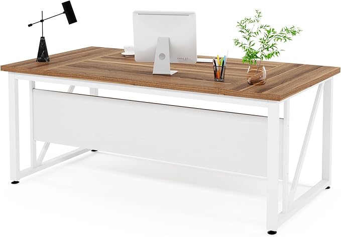 Tribesigns 63 inches Computer Desk with Bottom Storage Shelf Home Office Desk Writing Table for Workstation,Dark Walnut + Steel Leg， Cabinet not Included (Beige, 63-inch)