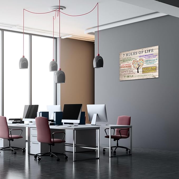WHAOMIOT Inspirational Office Wall Art 7 Rules Of Life Canvas Print Posters Inspiring And Uplifting House Decor 24 x 16 Inch Frame Ready To Hang