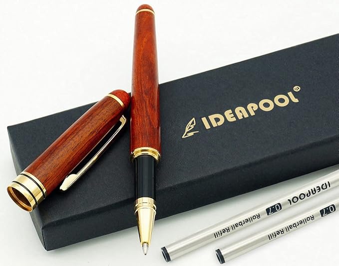Luxury Rosewood Ballpoint Pen Writing Set - Extra 2 Black Refills - Elegant Fancy Nice Gift Wood Pen Set for Signature Executive Business Journaling