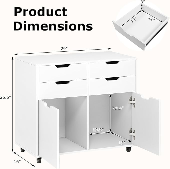 White File Cabinet with 4 Drawers and 2 Doors, Under Desk Mobile Storage Organizer, Wooden Printer Stand on Wheels, 29" Lateral Filing Cabinet for Home Office Living Room