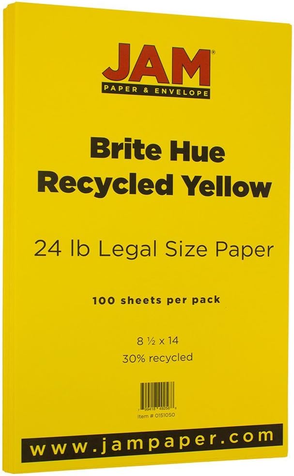 JAM PAPER Legal Colored 24lb Paper - 90 GSM - 8.5 x 14 - Yellow Recycled - 100 Sheets/Pack