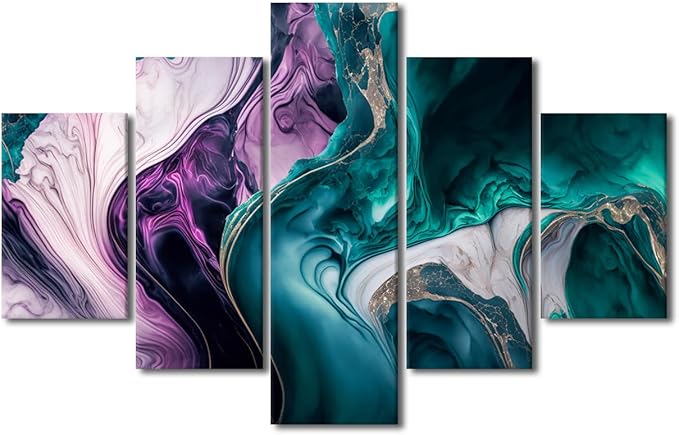 Abstract Marble Canvas Wall Art Decor 5 Panel Living Room Canvas Art Modern Abstract Waves Canvas Poster Artwork Prints for Men Lady Home Wall Decor Stretched and Framed Ready to Hang 60x40 in