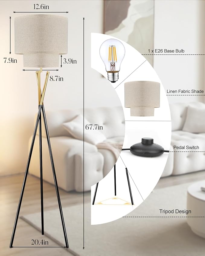 Lightdot Black Tripod Floor Lamp, Modern Floor Lamps for Living Room, Standing Lamp with Dual Drum, E26 Bulb Included, 67.7" Tall Floor Lamp for Bedroom, Home Office