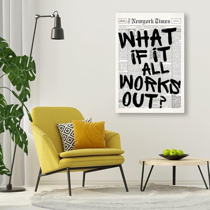 Balsuka What If It All Works Out Wall Art Retro Black and White Newspaper Motivational Poster Positive Affirming Quote Minimalist Canvas Print for Bedroom Living Room Home Decor 12x16inch Unframed