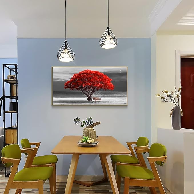 Framed Wall Decor Living Room Large Size Canvas Wall Art Black White With Landscape Moon Painting Red Trees Canvas Pictures Artwork Office Decor Boho Home Decorations Natural Wood Framed 20" X 40"