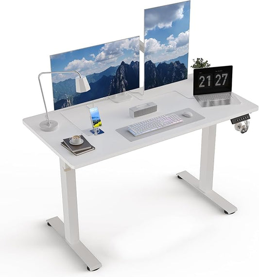 48" x 24" Electric Standing Desk, Adjustable Height Sit Stand Desk with 3 Preset Heights & 2 Hook, Electric Desk for Home Office Gaming, White