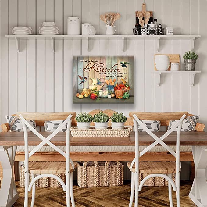 yerretin Farmhouse Kitchen Wall Art Country Pictures Wall Decor Rustic Vegetables Food Canvas Paintings Kitchen Signs Modern Artwork Home Decorations Framed 24"x16"