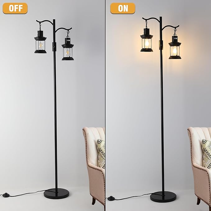 Vintage Dimmable Floor Lamp,2 Classical Lanterns Standing Lamp, Rustic Farmhouse Floor Lamp with Black Finish, for Living Room Bedroom (Black)