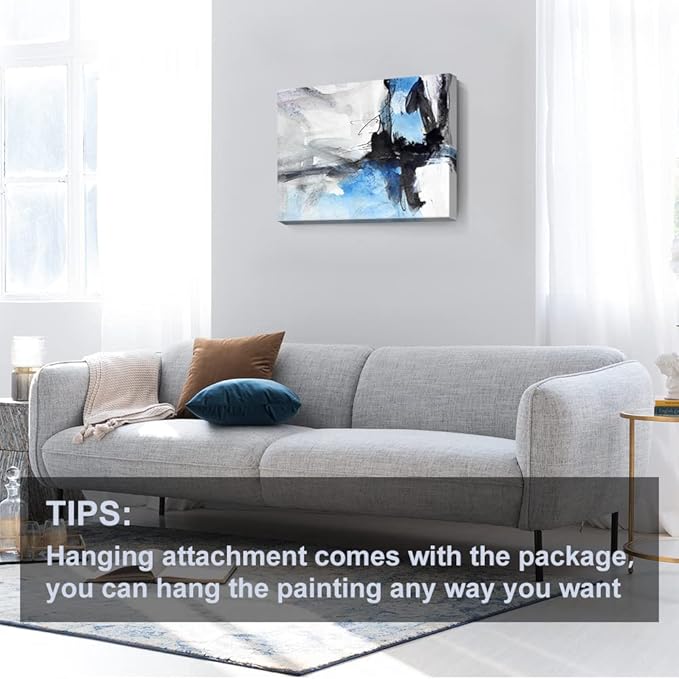Large Abstract Canvas Wall Art Modern Aquarelle Art Paintings Black and Blue Fantasy Colorful Graffiti on White Background Minimalist Artwork Decor for Living Room Bedroom Corridor Framed 30x20in