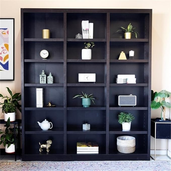 BOWERY HILL 84" Tall Triple Wide Wood Bookcase, Chocolate Espresso Finish, 18 Shelves, Solid Wood Veneer, Adjustable Storage, Durable Design for Home or Office Use, Traditional Style Furniture