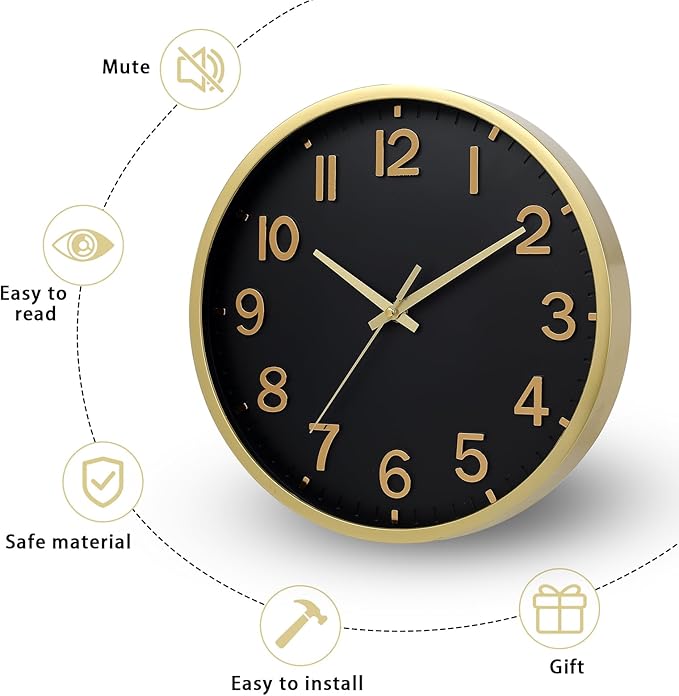 Wall Clocks Battery Operated 12 inch Modern Wall Clock,Silent Non Ticking Wall Clock for Living Room Bedroom Kitchen Office Classroom Decor (Black Gold)