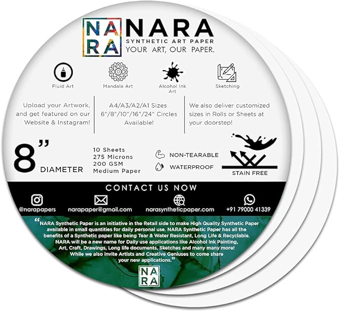 NARA Alcohol Ink Paper | White | 8" Circle | 275 Microns/200 GSM | 10 Sheets | Medium | Stain-Free