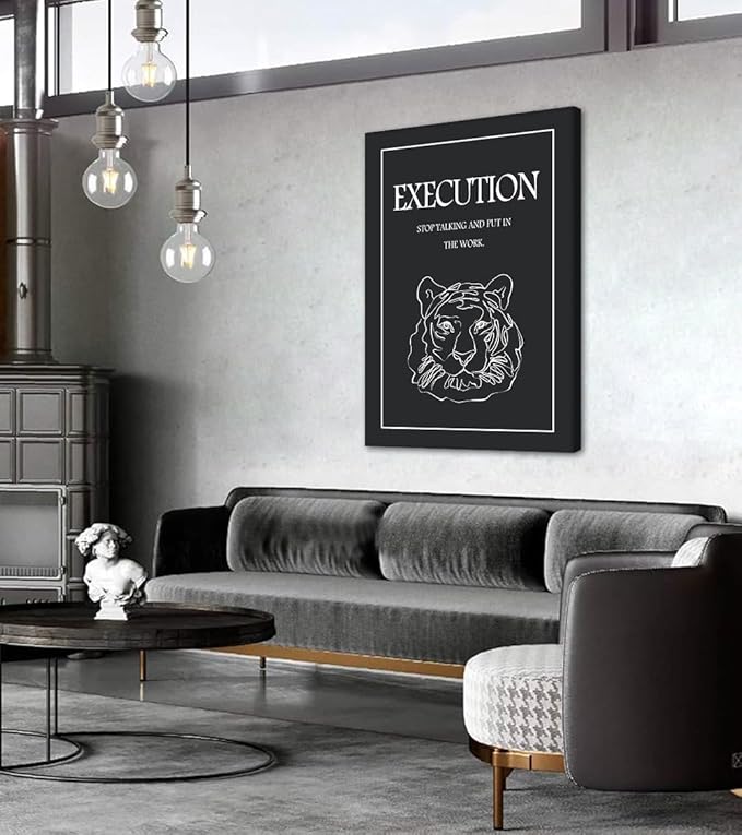Motivational Wall Art - Black and White Tiger Head Canvas Print with Inspiring Quote, Inspirational Office Wall Decor STOP TALKING AND PUT IN THE WORK Execution Poster for Home Gym, Framed 28"x44"
