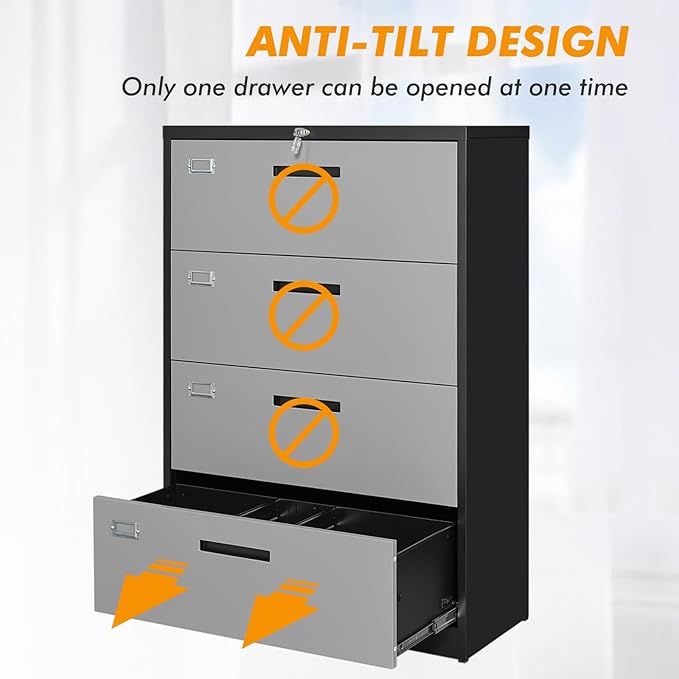 Lateral File Cabinet with Lock, 4 Drawer Metal Filing Cabinet, Lateral Filing Cabinet with Lock for Home Office, Locking Metal Steel Wide File for Legal/Letter A4 Size