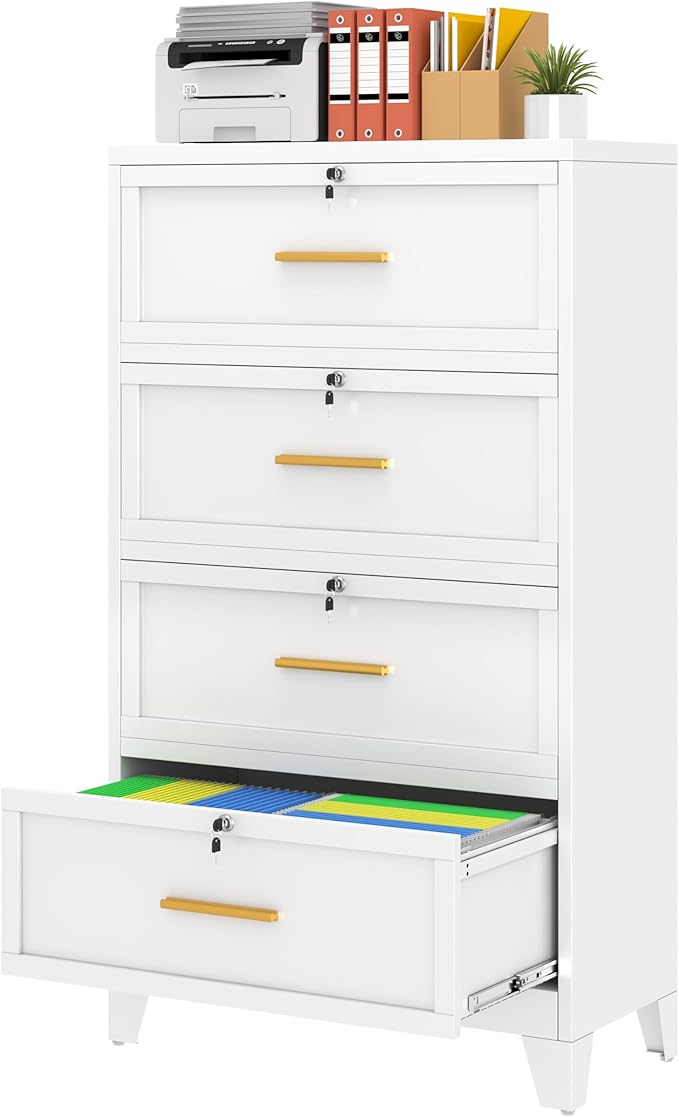 4 Drawer File Cabinet with Lock, Metal Lateral File Cabinets for Home Office, Steel Wide Filing Organization Storage Cabinets, Home Office Furniture for Hanging Files Letter/Legal/F4/A4 Size