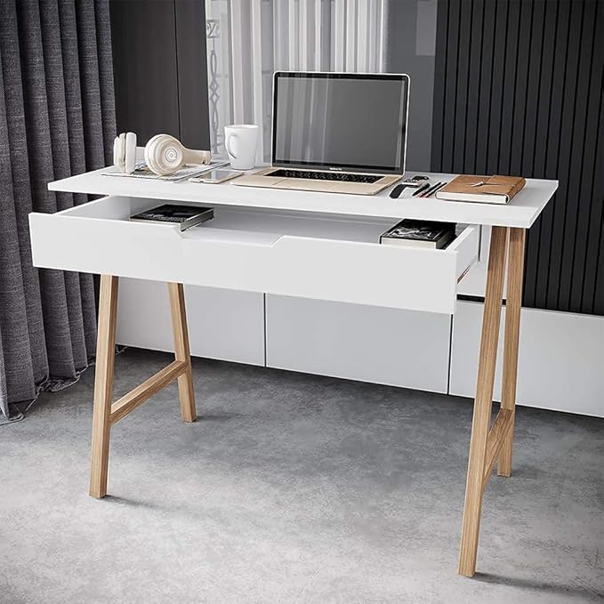 Modern Design Parma Small Desk for Bedroom, White Writing Desk 42 Inch with Drawer, by Crafts and Comfort
