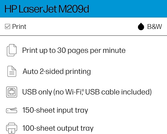 HP LaserJet M209d Laser Printer, Black and White, Automatic Duplex, USB Connection Only (Cable Included), Ideal in Home Office (8J9L0F) (Renewed)
