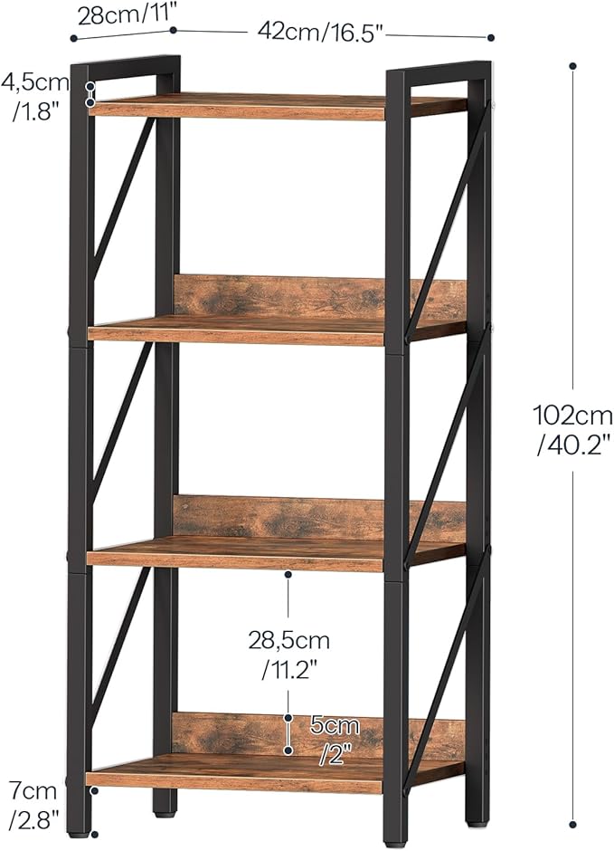 HOOBRO Bookshelf, 4-Tier Industrial Bookcase, Book Shelf Storage Organizer, Small Bookshelf with Metal Frame for Living Room, Bedroom, Home Office, Kitchen, Rustic Brown and Black BF40SJ01