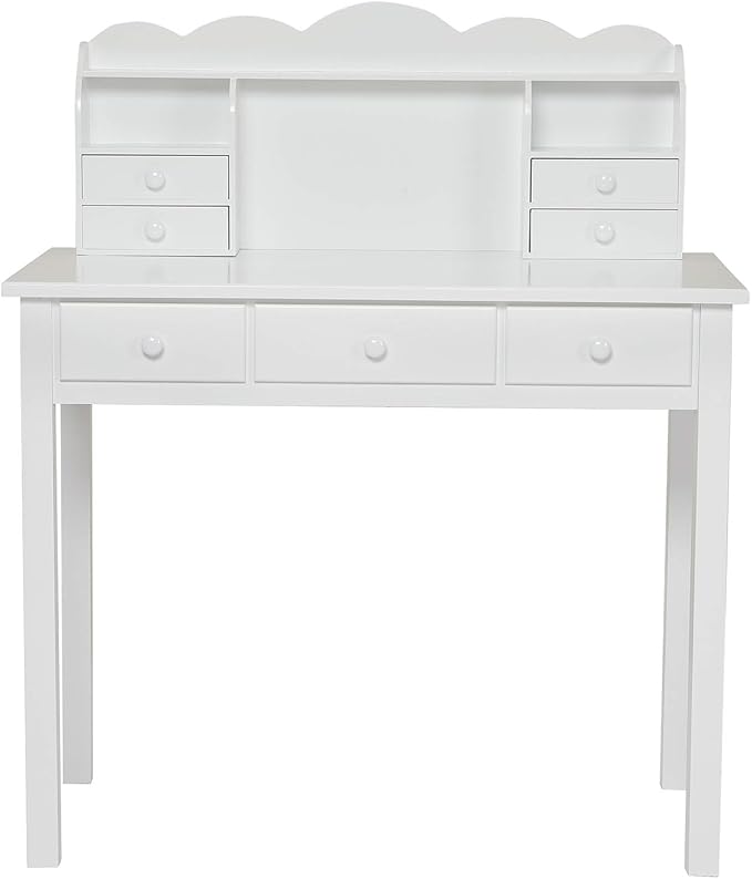 ADORNEVE Writing Desk with 7 Drawers, Home Office Desk with Hutch, Student Desk Study Table, Small White Desks, Solid Pine Wood Legs
