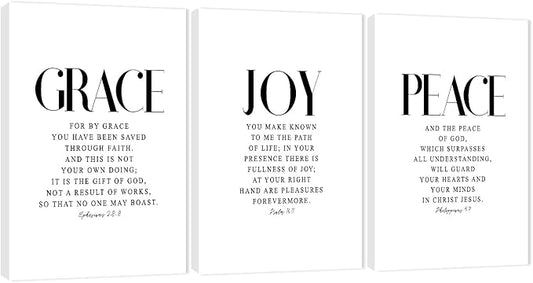 3 Piece Inspirational Wall Art White Motivational Mindset Picture, Quote "Grace Joy Peace" Canvas Print for Christian Gifts, Triptych Entrepreneur Poster Framed Artwork for Home Wall Decor(36"Wx24" H)