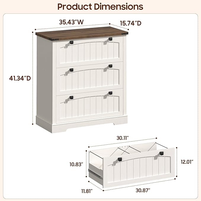 File Cabinet with 3 Drawers, Lateral File Cabinet for Letter/Legal/A4 Size Hanging Files, Large Wood File Storage Cabinets Printer Stand for Home Office, Rustic White