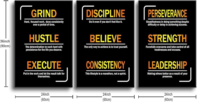 3 Pieces Motivational Entrepreneur Quotes Inspirational Canvas Wall Art Picture Painting Hustle Believe Strength Poster Print for Living Room Office Gym Wall Decor Ready to Hang [72''Wx36''H]