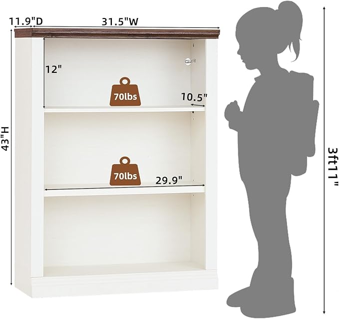 43" White Tall Bookshelf Set of 3,3-Tier Thick Wooden Book Shelf with Adjustable Shelves,Free Standing Farmhouse Bookcase with Open Display Storage,Floor Vintage Bookshelves for Living Room