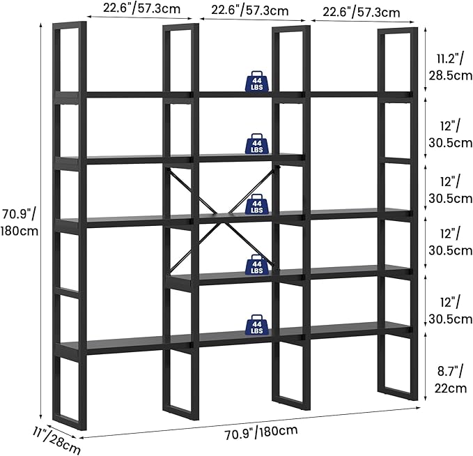 Jehiatek Large Bookshelf 5 Tiers, Triple Wide Geometric Bookcase, 71 Inches Tall Industrial Book Shelves Etagere Book Case, Sturdy Metal Frame, Freestanding Display Shelving Unit, Black